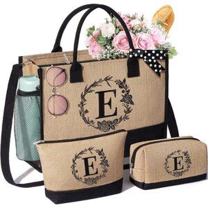Personalized Gifts for Women Tote Bag, Initial Jute Tote Bag & Makeup Bags E